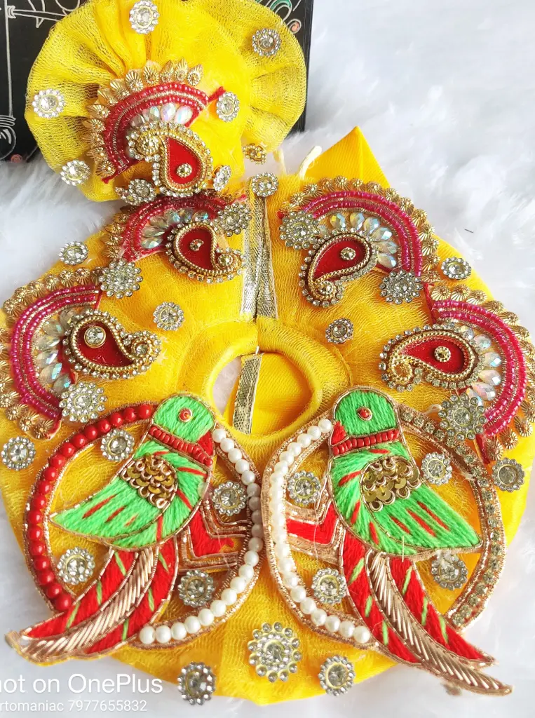 Yellow Dress with Parrot Patch & Zari-Pearl-Stone Work for Laddu Gopal "LG295"